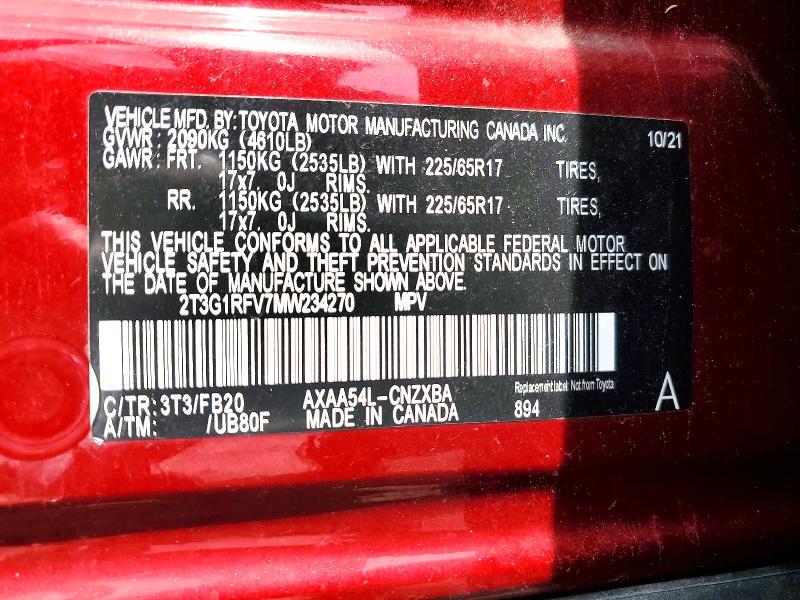 Aukcja sprzedaży 2021 Toyota Rav4, vin: 2T3G1RFV7MW234270, numer aukcji: 58243566