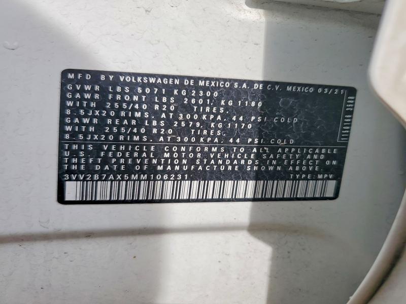 55143016 :رقم المزاد ، 3VV2B7AX5MM106231 vin ، 2021 Volkswagen Tiguan مزاد بيع