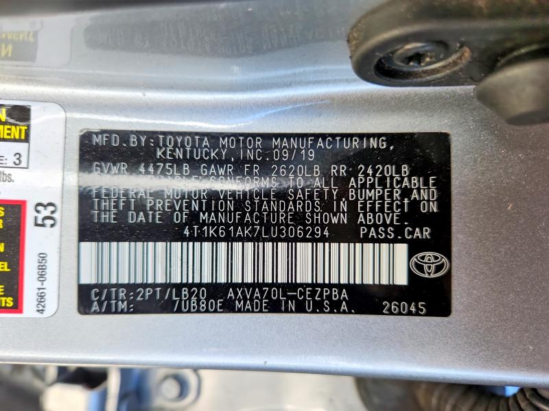 Продажа на аукционе авто 2020 Toyota Camry, vin: 4T1K61AK7LU306294, номер лота: 57229526