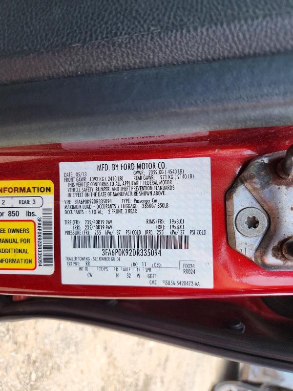 58559306 :رقم المزاد ، 3FA6P0K92DR335094 vin ، 2013 Ford Fusion مزاد بيع