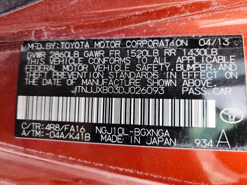 50047316 :رقم المزاد ، JTNJJXB03DJ026093 vin ، 2013 Scion Iq مزاد بيع