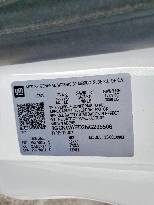 Продажа на аукционе авто 2022 Chevrolet Silverado Ltd, vin: 3GCNWAED2NG205506, номер лота: 57341146