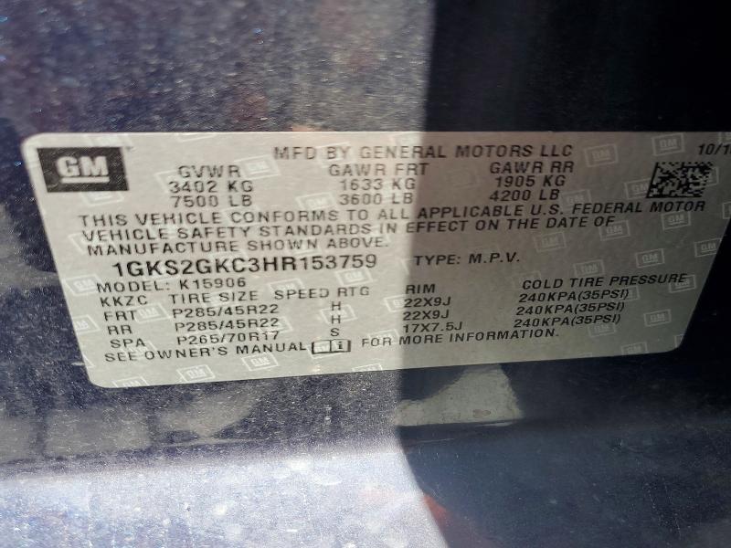 Aukcja sprzedaży 2017 Gmc Yukon Xl, vin: 1GKS2GKC3HR153759, numer aukcji: 56848506