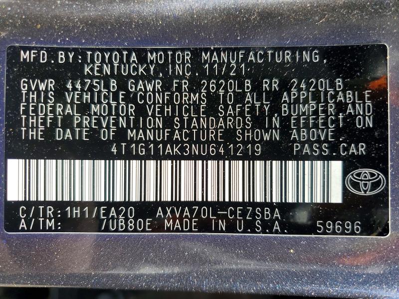 2022 Toyota Camry მანქანა იყიდება აუქციონზე, vin: 4T1G11AK3NU641219, აუქციონის ნომერი: 56090586