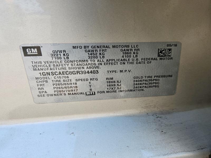 Aukcja sprzedaży 2016 Chevrolet Tahoe, vin: 1GNSCAEC8GR394403, numer aukcji: 58742416