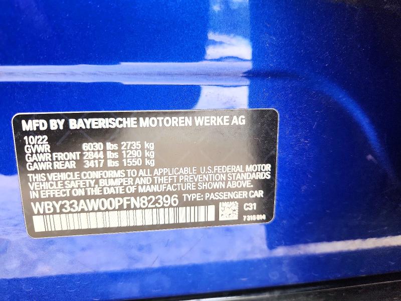 2023 Bmw I4 მანქანა იყიდება აუქციონზე, vin: WBY33AW00PFN82396, აუქციონის ნომერი: 58458156