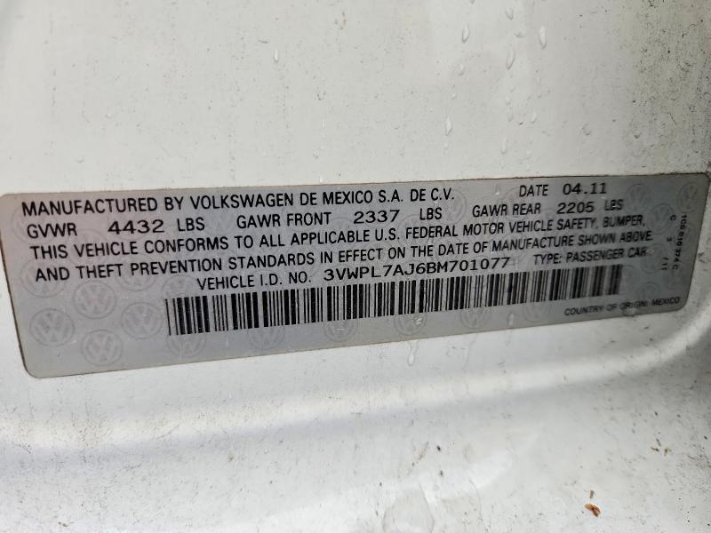 2011 Volkswagen Jetta მანქანა იყიდება აუქციონზე, vin: 3VWPL7AJ6BM701077, აუქციონის ნომერი: 58226056
