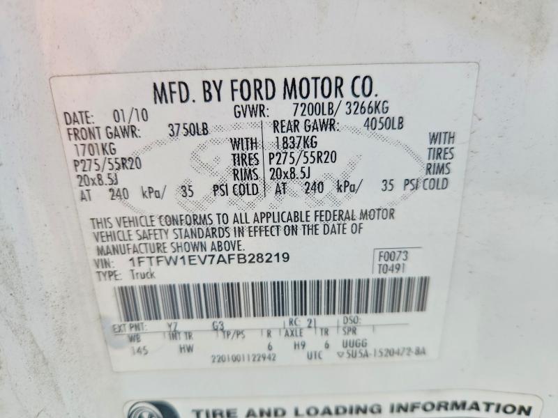 55378846 :رقم المزاد ، 1FTFW1EV7AFB28219 vin ، 2010 Ford F150 مزاد بيع