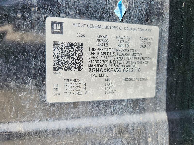 58886276 :رقم المزاد ، 2GNAXKEVXL6243110 vin ، 2020 Chevrolet Equinox مزاد بيع