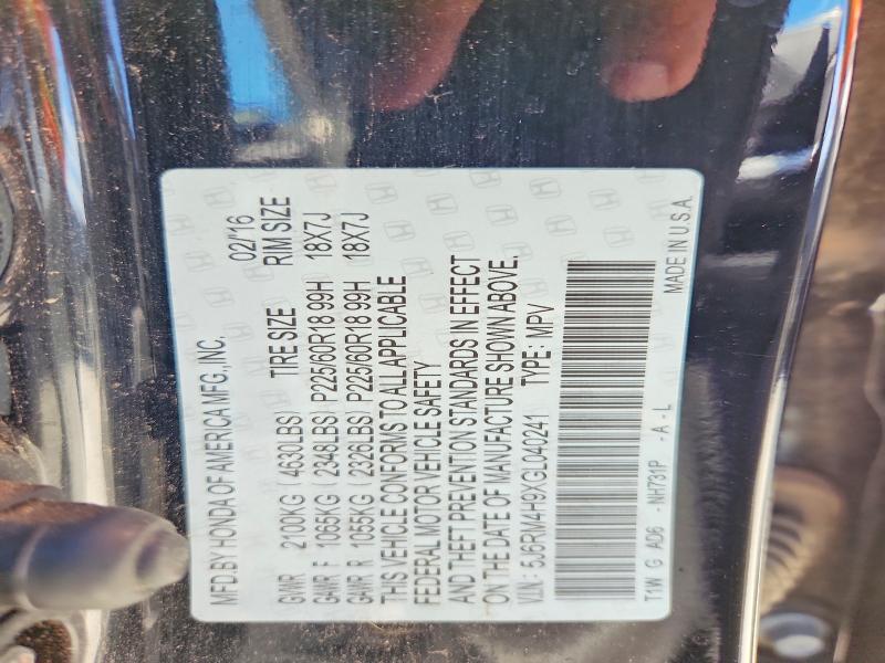2016 Honda Cr-v მანქანა იყიდება აუქციონზე, vin: 5J6RM4H9XGL040241, აუქციონის ნომერი: 54305686