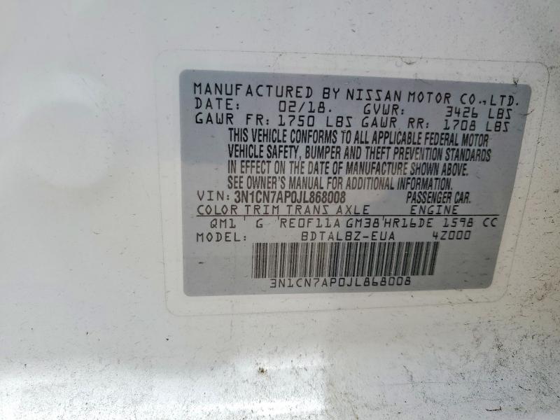 Продажа на аукционе авто 2018 Nissan Versa, vin: 3N1CN7AP0JL868008, номер лота: 55948286