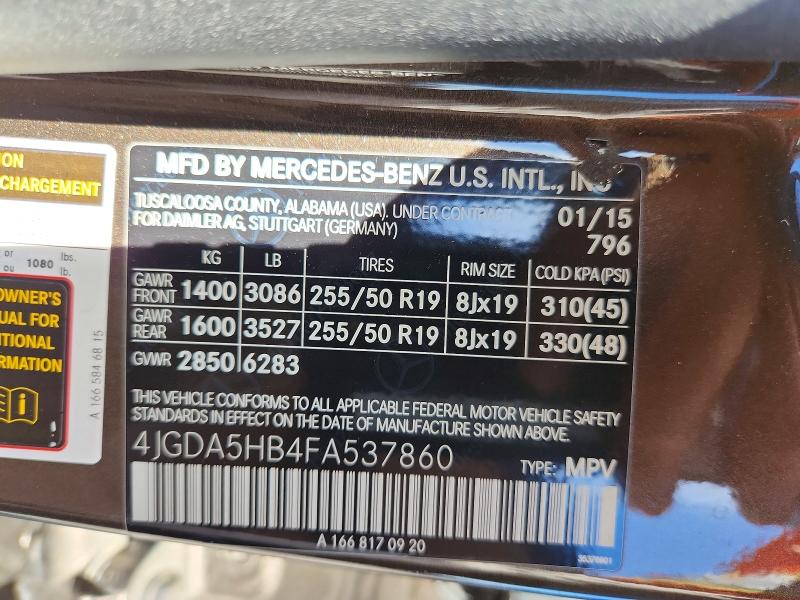Продаж на аукціоні авто 2015 Mercedes-benz Ml, vin: 4JGDA5HB4FA537860, номер лоту: 57422296