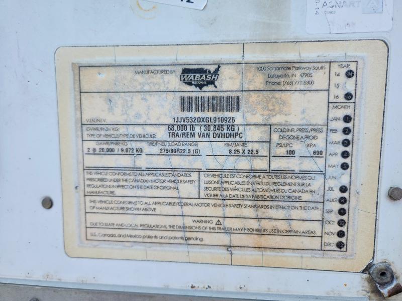 57081786 :رقم المزاد ، 1JJV532DXGL910926 vin ، 2016 Wabash Duraplate Dry-van 53' Trailer مزاد بيع