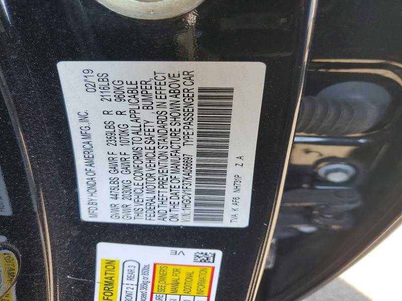 Aukcja sprzedaży 2019 Honda Accord, vin: 1HGCV1F37KA056697, numer aukcji: 56442016