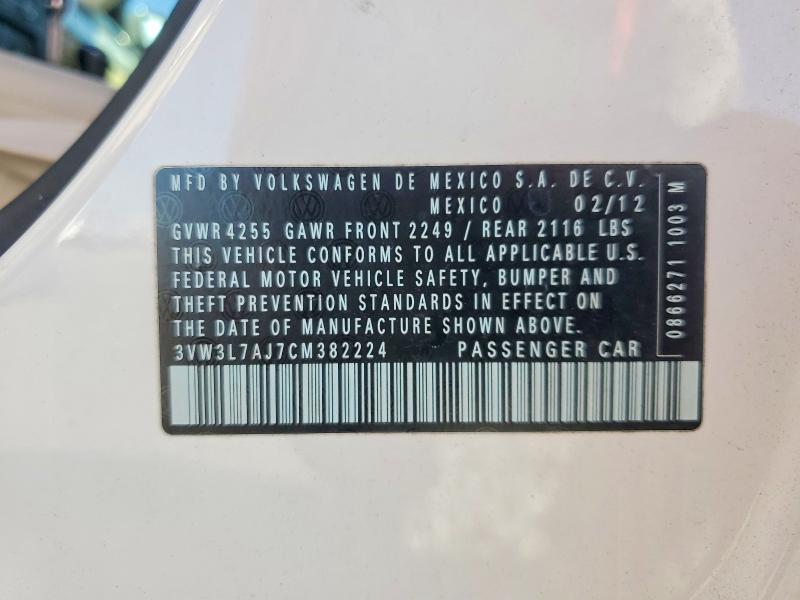 Aukcja sprzedaży 2012 Volkswagen Jetta, vin: 3VW3L7AJ7CM382224, numer aukcji: 57604136