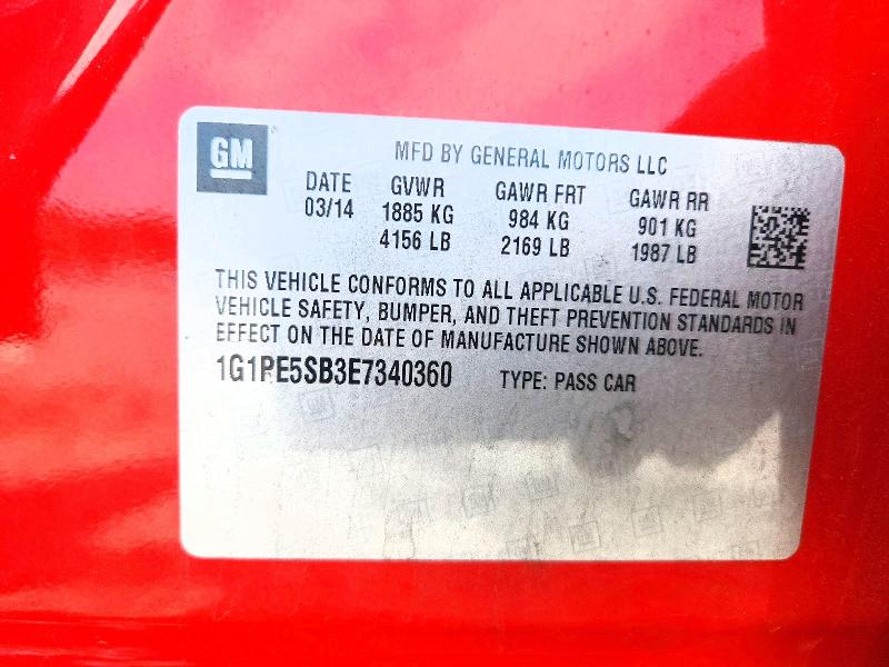 2014 Chevrolet Cruze მანქანა იყიდება აუქციონზე, vin: 1G1PE5SB3E7340360, აუქციონის ნომერი: 54545896