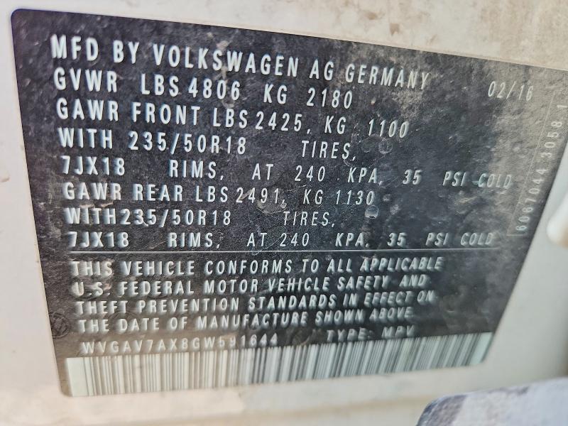 Aukcja sprzedaży 2016 Volkswagen Tiguan, vin: WVGAV7AX8GW591644, numer aukcji: 58237186
