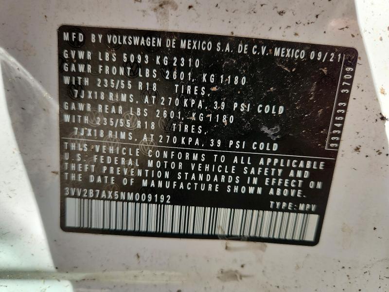 55920886 :رقم المزاد ، 3VV2B7AX5NM009192 vin ، 2022 Volkswagen Tiguan مزاد بيع
