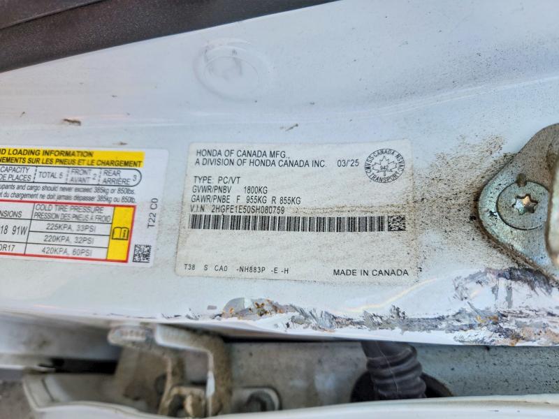 2025 Honda Civic მანქანა იყიდება აუქციონზე, vin: 2HGFE1E50SH080759, აუქციონის ნომერი: 55115326