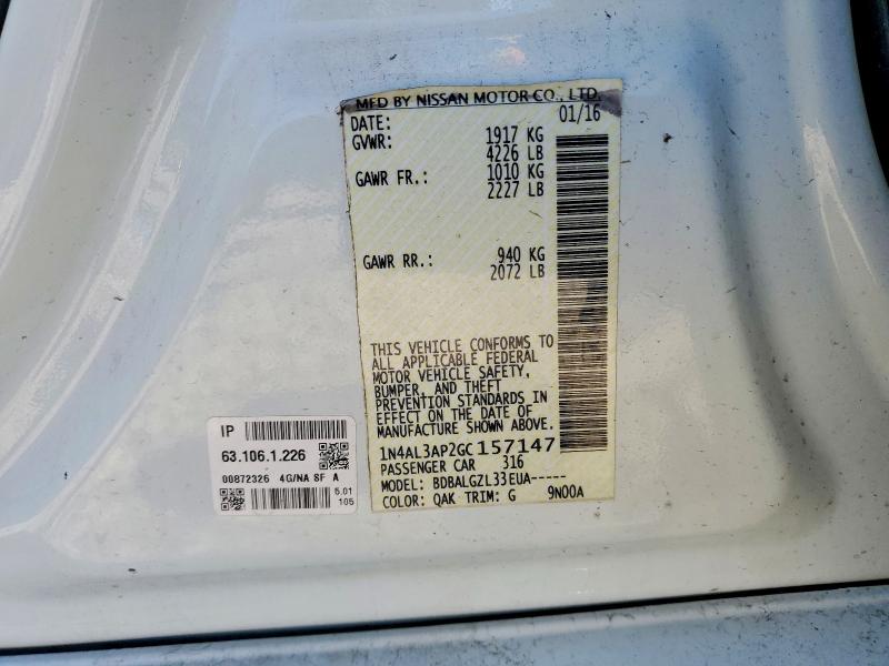 2016 Nissan Altima მანქანა იყიდება აუქციონზე, vin: 1N4AL3AP2GC157147, აუქციონის ნომერი: 58506666