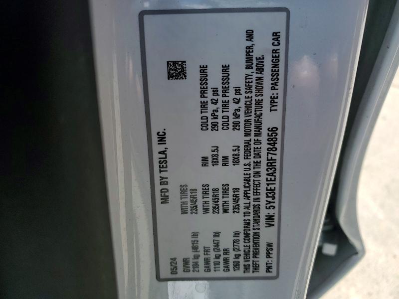 58295466 :رقم المزاد ، 5YJ3E1EA3RF784856 vin ، 2024 Tesla Model 3 مزاد بيع