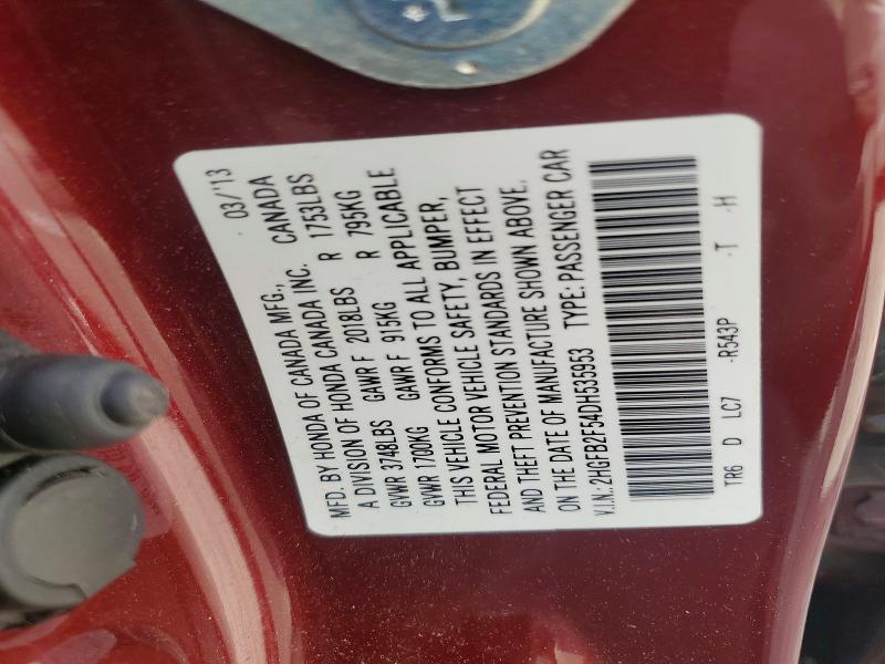 2013 Honda Civic მანქანა იყიდება აუქციონზე, vin: 2HGFB2F54DH535953, აუქციონის ნომერი: 57401176