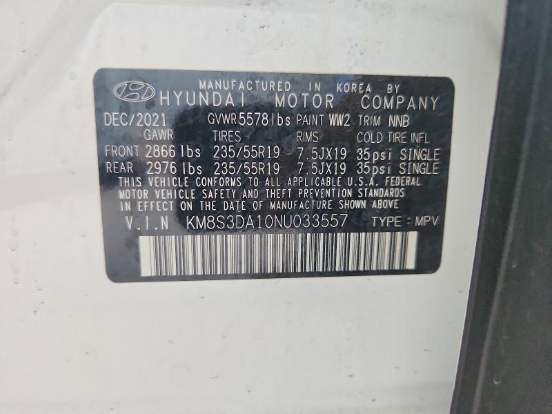 2022 Hyundai Santa Fe მანქანა იყიდება აუქციონზე, vin: KM8S3DA10NU033557, აუქციონის ნომერი: 58823116