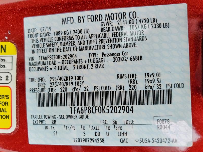 Aukcja sprzedaży 2019 Ford Mustang, vin: 1FA6P8CF0K5202904, numer aukcji: 56062236