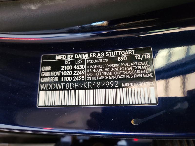 2019 Mercedes-benz C მანქანა იყიდება აუქციონზე, vin: WDDWF8DB9KR482992, აუქციონის ნომერი: 56583526