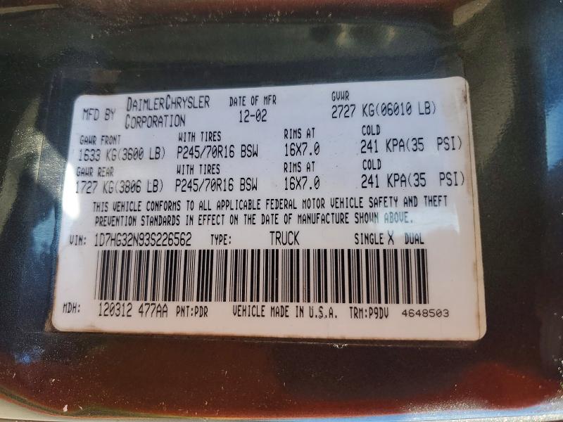 55637586 :رقم المزاد ، 1D7HG32N93S226562 vin ، 2003 Dodge Dakota مزاد بيع