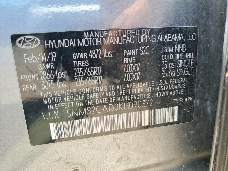 Продаж на аукціоні авто 2019 Hyundai Santa Fe, vin: 5NMS2CAD0KH090372, номер лоту: 55923146