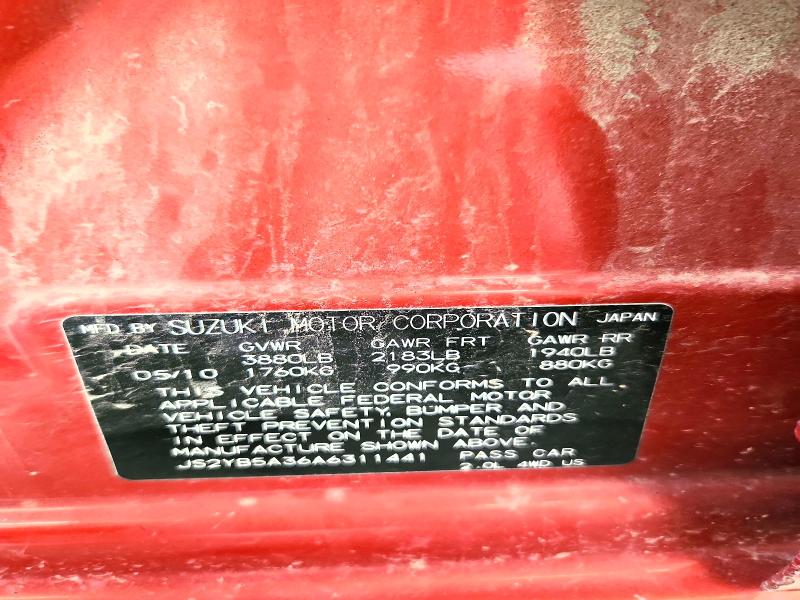 2010 Suzuki Sx4 მანქანა იყიდება აუქციონზე, vin: JS2YB5A36A6311441, აუქციონის ნომერი: 58605006
