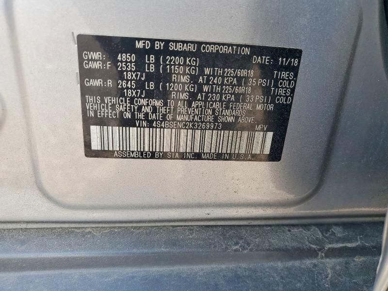2019 Subaru Outback მანქანა იყიდება აუქციონზე, vin: 4S4BSENC2K3269973, აუქციონის ნომერი: 58156286