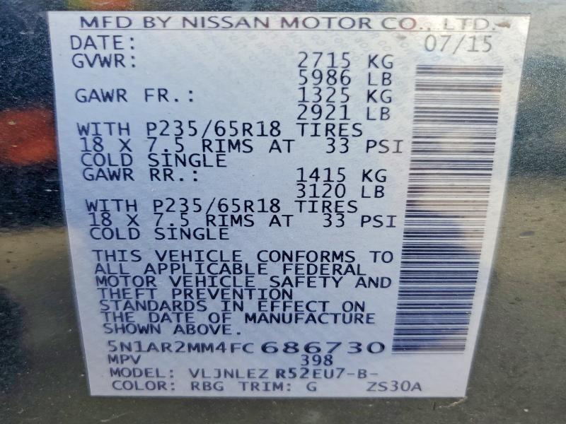 Продажа на аукционе авто 2015 Nissan Pathfinder, vin: 5N1AR2MM4FC686730, номер лота: 55993376