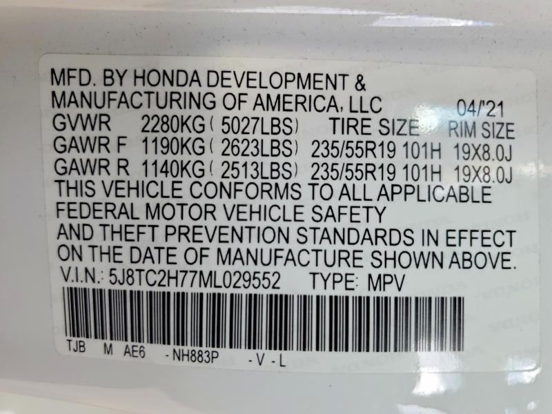 58601476 :رقم المزاد ، 5J8TC2H77ML029552 vin ، 2021 Acura Rdx مزاد بيع