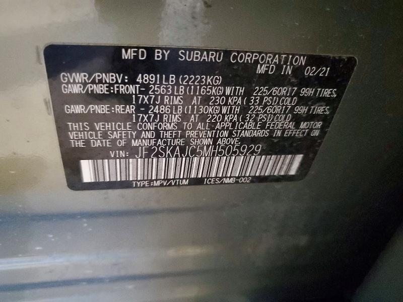 Aukcja sprzedaży 2021 Subaru Forester, vin: JF2SKAJC5MH505929, numer aukcji: 55946486
