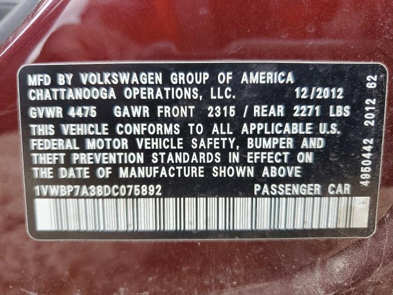 Продажа на аукционе авто 2013 Volkswagen Passat, vin: 1VWBP7A38DC075892, номер лота: 56114356