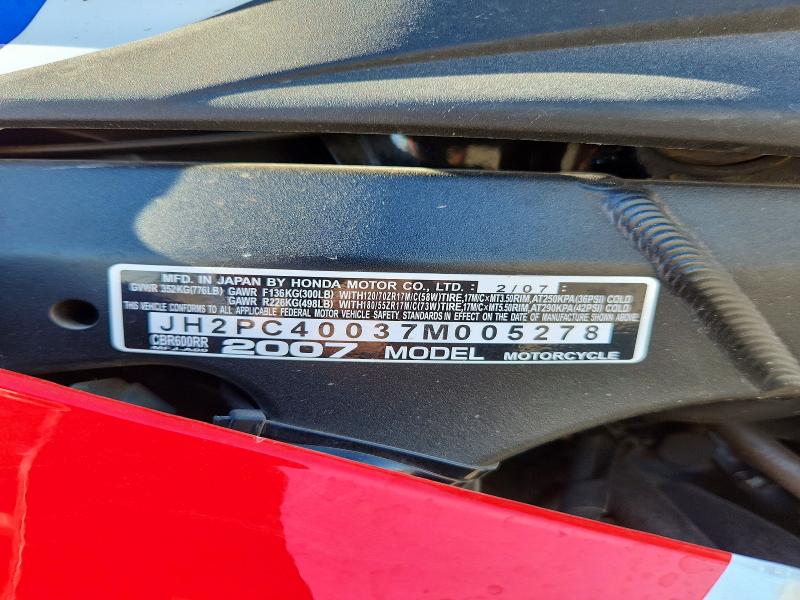 Aukcja sprzedaży 2007 Honda Cbr600, vin: JH2PC40037M005278, numer aukcji: 54945196