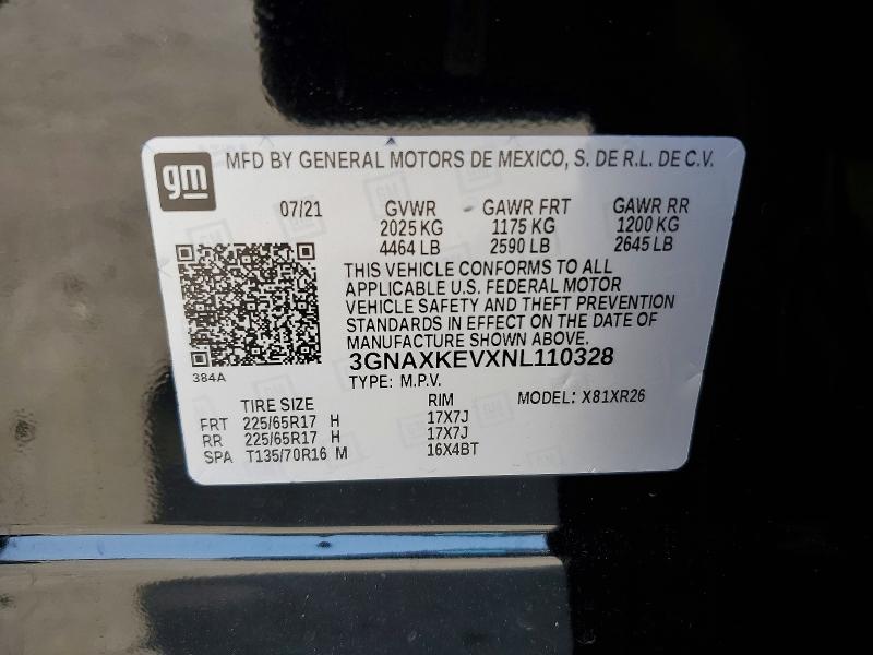 2022 Chevrolet Equinox მანქანა იყიდება აუქციონზე, vin: 3GNAXKEVXNL110328, აუქციონის ნომერი: 59353826