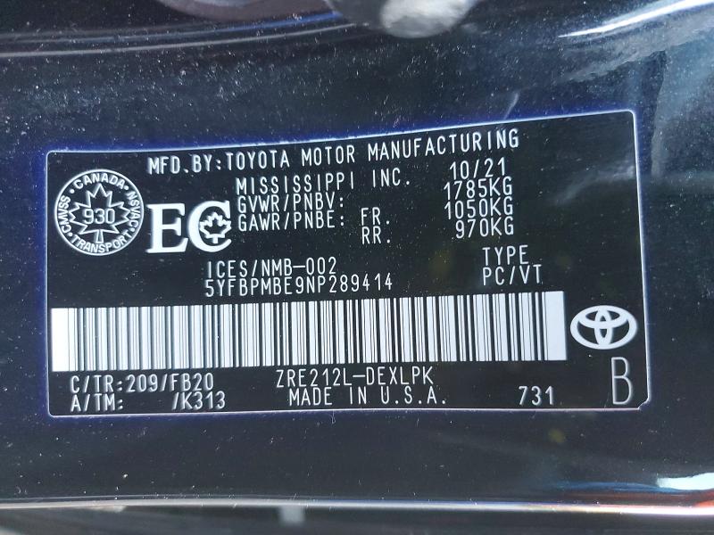 2022 Toyota Corolla მანქანა იყიდება აუქციონზე, vin: 5YFBPMBE9NP289414, აუქციონის ნომერი: 58486926
