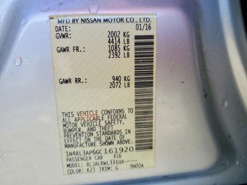 2016 Nissan Altima მანქანა იყიდება აუქციონზე, vin: 1N4BL3AP6GC161920, აუქციონის ნომერი: 56040896