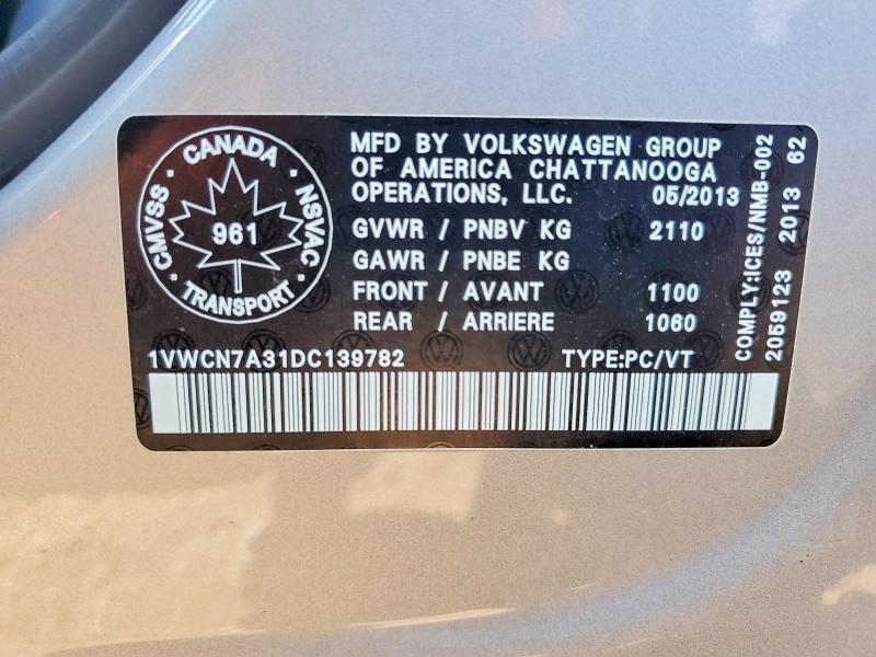 Продажа на аукционе авто 2013 Volkswagen Passat, vin: 1VWCN7A31DC139782, номер лота: 58128806