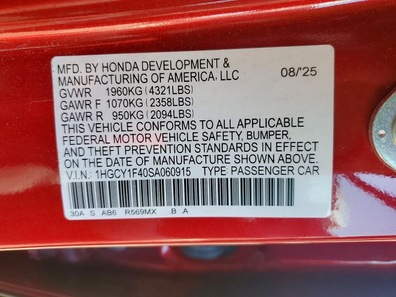 Aukcja sprzedaży 2025 Honda Accord, vin: 1HGCY1F40SA060915, numer aukcji: 57339776
