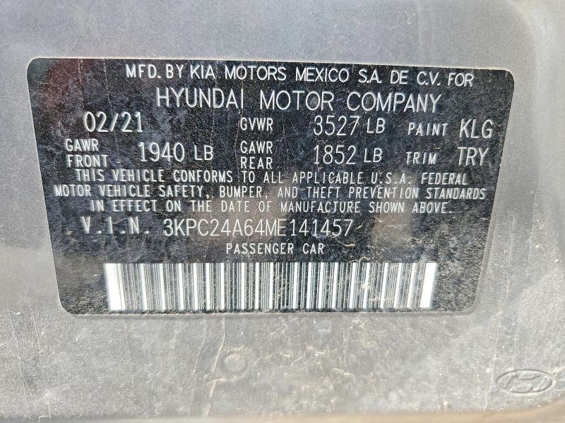 Aukcja sprzedaży 2021 Hyundai Accent, vin: 3KPC24A64ME141457, numer aukcji: 58901596