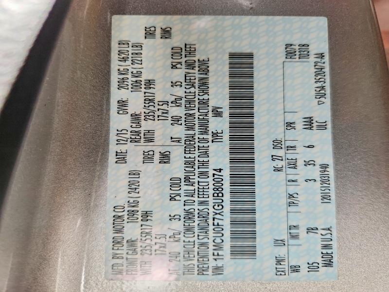 57269146 :رقم المزاد ، 1FMCU0F7XGUB80074 vin ، 2016 Ford Escape مزاد بيع