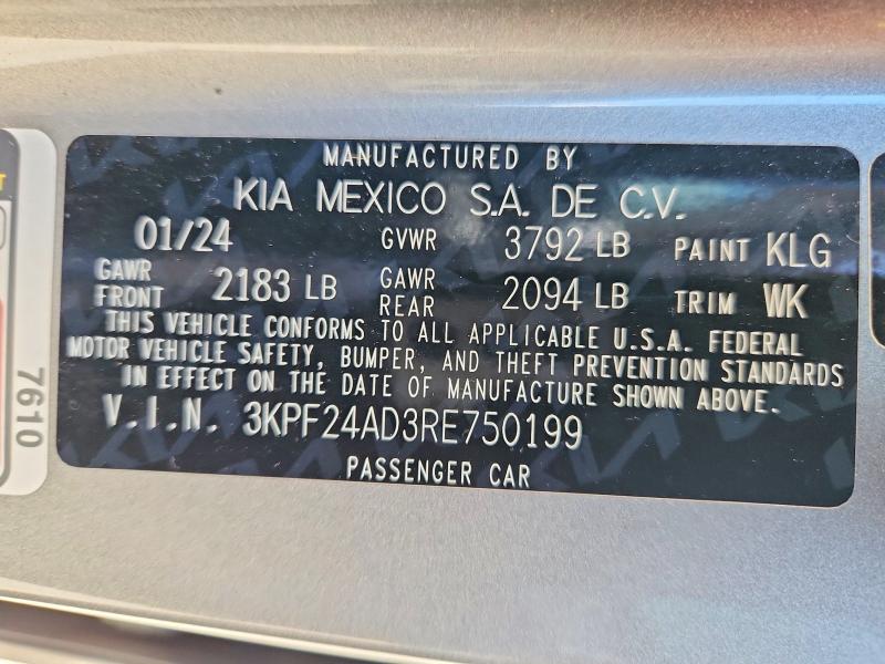 2024 Kia Forte მანქანა იყიდება აუქციონზე, vin: 3KPF24AD3RE750199, აუქციონის ნომერი: 55816236