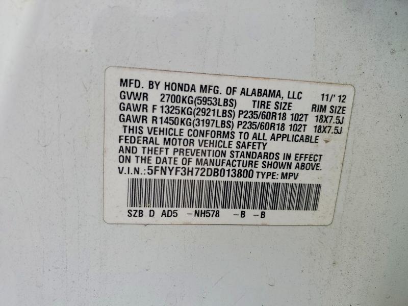 Продажа на аукционе авто 2013 Honda Pilot, vin: 5FNYF3H72DB013800, номер лота: 56318686