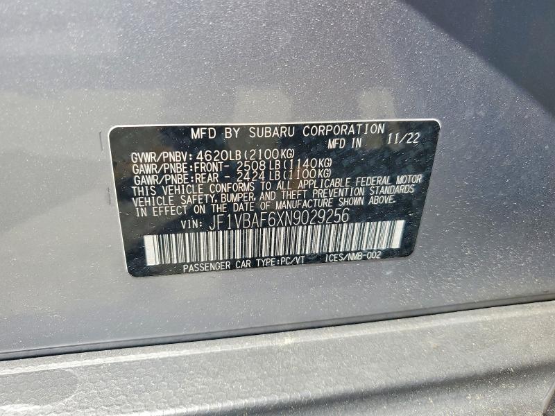 55583666 :رقم المزاد ، JF1VBAF6XN9029256 vin ، 2022 Subaru Wrx مزاد بيع