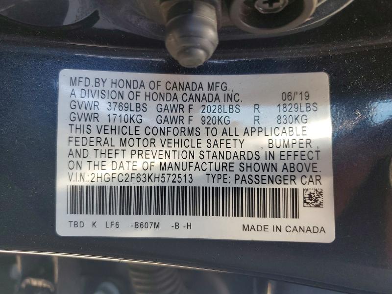 2019 Honda Civic მანქანა იყიდება აუქციონზე, vin: 2HGFC2F63KH572513, აუქციონის ნომერი: 57341846