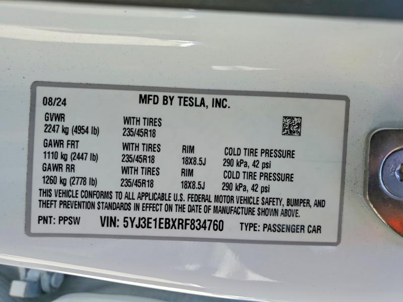 Продажа на аукционе авто 2024 Tesla Model 3, vin: 5YJ3E1EBXRF834760, номер лота: 55636606